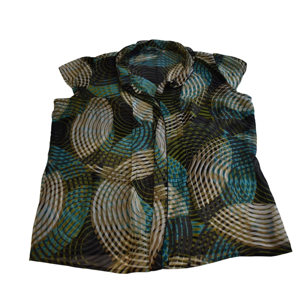 Worthington Blouse Women XL Teal Green Geometric Swirl Ruffle Neck Excellent